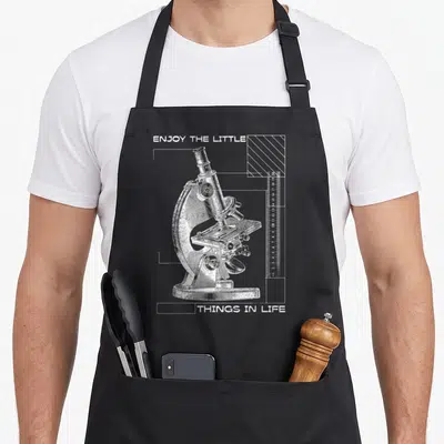 Microscope biology apron - White line-art microscope with ruler and geometric lines on grey background — shown on a black cotton canvas apron against a white background