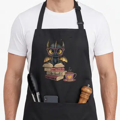 Read dragon apron - Dragon with pink glasses on books reading read books be kind stay weird with coffee cup — shown on a black cotton canvas apron against a white background