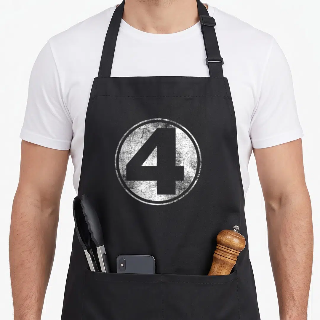 Four distressed apron - Large number 4 inside white distressed circle on grey background — shown on a black cotton canvas apron against a white background