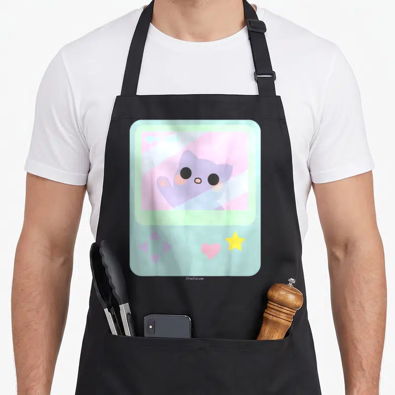 Gamer anime cooking apron - Purple cat waving inside light blue monitor with pastel star heart diamond — shown on a black cotton canvas apron against a white background