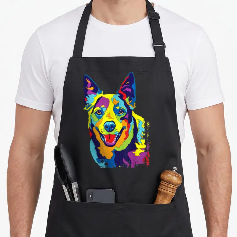 Pop dog kitchen apron - Multicolored cartoon Australian Cattle Dog head in blue, yellow, red, purple, and green — shown on a black cotton canvas apron against a white background