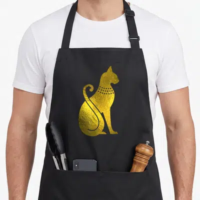 Bastet egyptian apron - Gold foil sitting cat silhouette with dotted collar, minimalist style — shown on a black cotton canvas apron against a white background