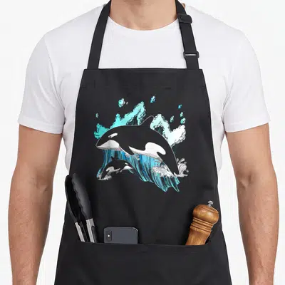 Whale orca dad apron - Line art of adult and baby orca leaping through light blue waves — shown on a black cotton canvas apron against a white background