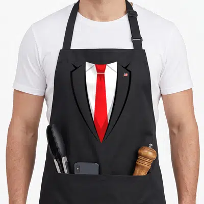 Halloween easy apron - Grey suit jacket white shirt red tie and USA flag pin on lapel — shown on a black cotton canvas apron against a white background