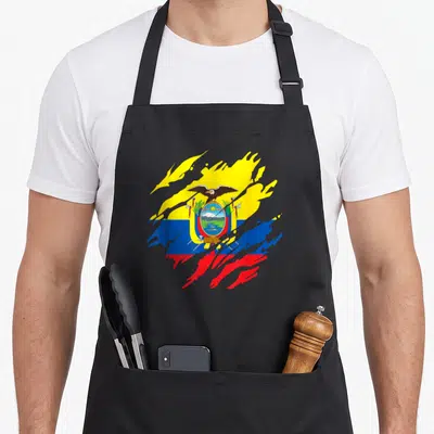 Flag ecuadorian boy apron - Distressed paint splatter flag of Ecuador with coat of arms in yellow blue and red — shown on a black cotton canvas apron against a white background