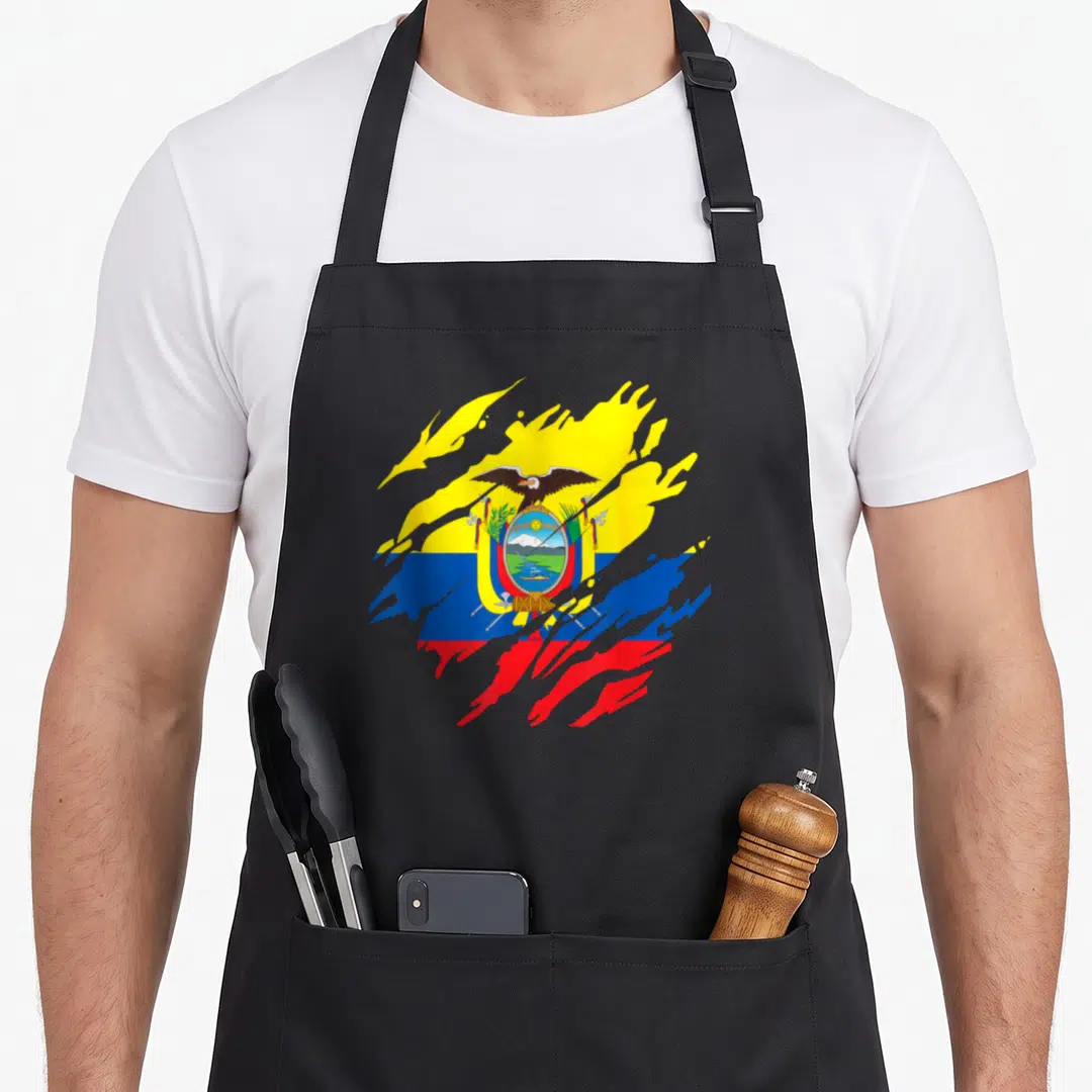 Flag ecuadorian boy apron - Distressed paint splatter flag of Ecuador with coat of arms in yellow blue and red — shown on a black cotton canvas apron against a white background