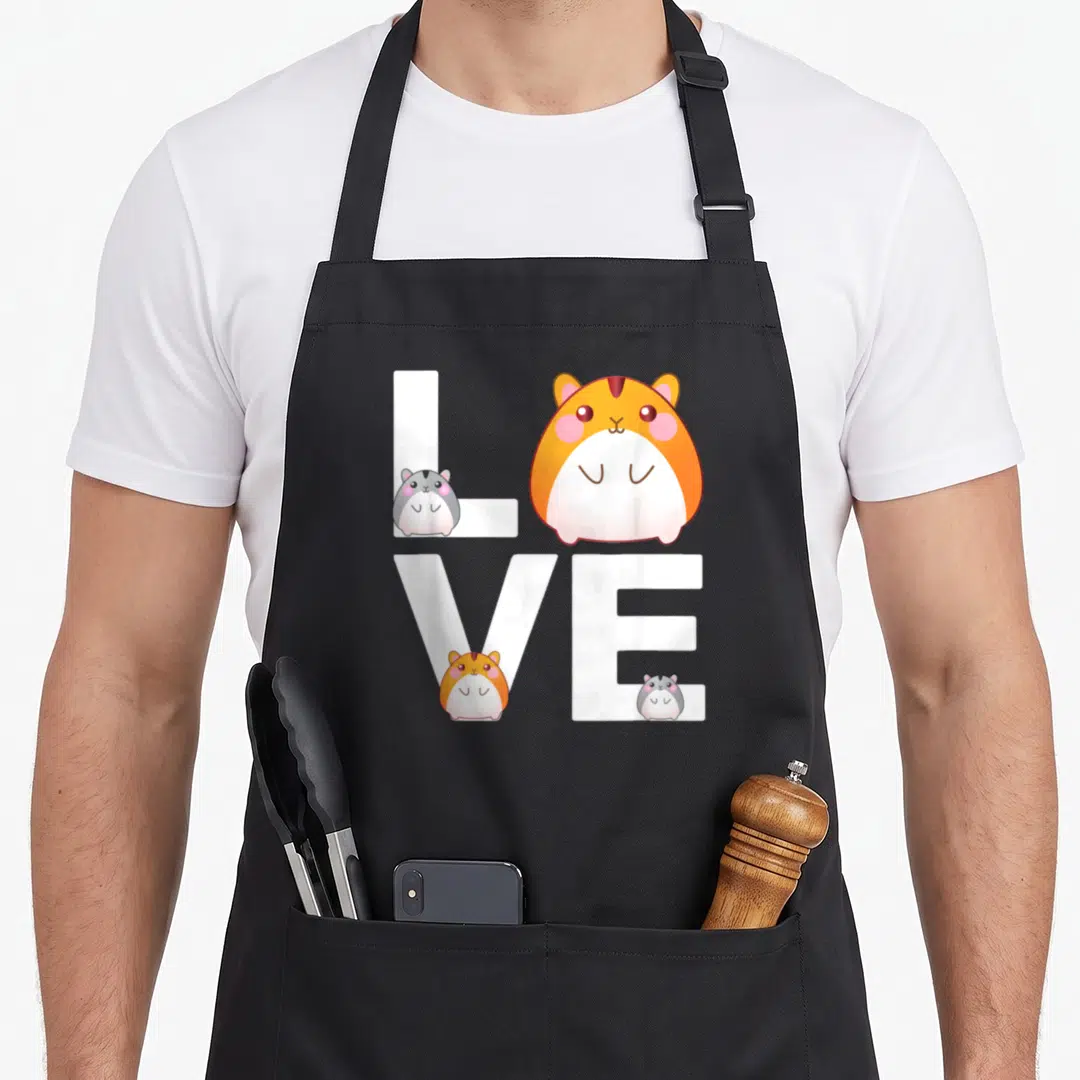 Hamster animal apron - LOVE text with large orange hamster as O, two small hamsters before L and E, one before V, all — shown on a black cotton canvas apron against a white background