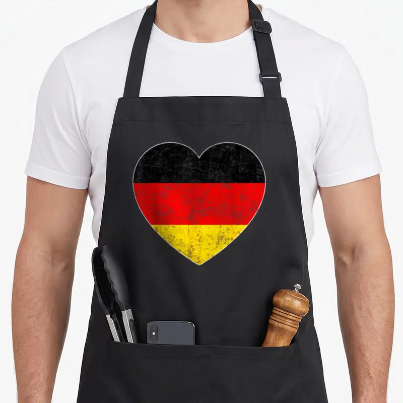 Flag german oktoberfest aprons - Distressed heart shape filled with black red and yellow German flag colors — shown on a black cotton canvas apron against a white background
