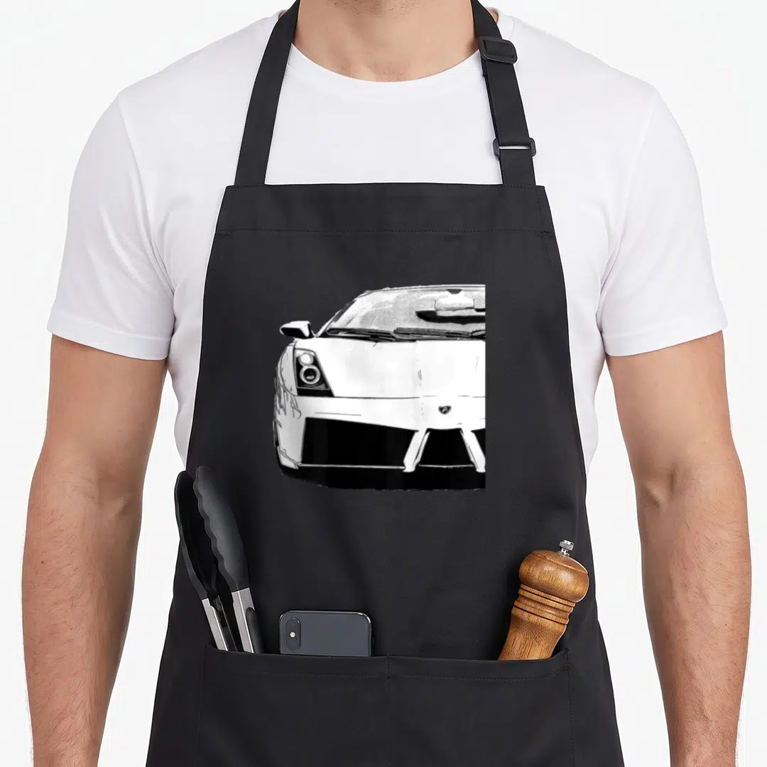 Exotic sport car apron - Black and white line art of a sports car front bumper and headlight — shown on a black cotton canvas apron against a white background