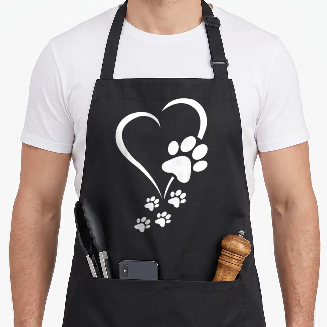 Baby paw print apron - White heart outline with one large paw print and four smaller prints trailing down on black — shown on a black cotton canvas apron against a white background