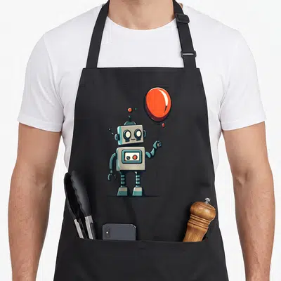 Robot holding balloon apron - Grey cartoon robot holding red balloon with blue joint details — shown on a black cotton canvas apron against a white background