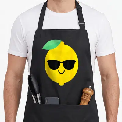 Lime lemon apron - Cartoon yellow lemon wearing black sunglasses with a green leaf on top — shown on a black cotton canvas apron against a white background