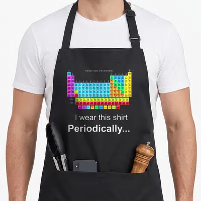 Periodically periodic table apron - Colorful periodic table chart with white text I wear this shirt Periodically below — shown on a black cotton canvas apron against a white background