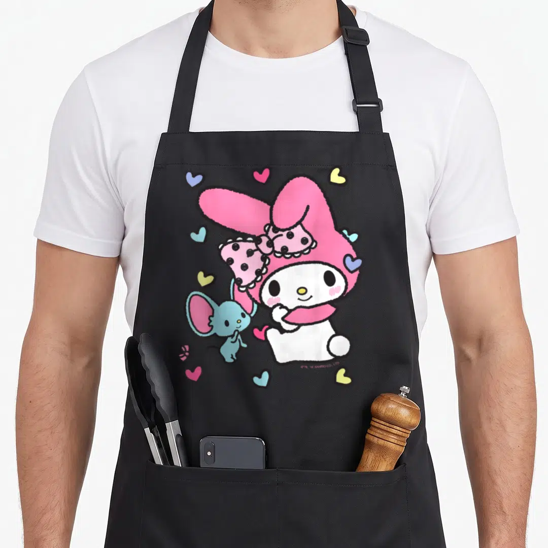 Melody friends apron - My Melody pink hooded rabbit with blue mouse and scattered hearts on black apron — shown on a black cotton canvas apron against a white background