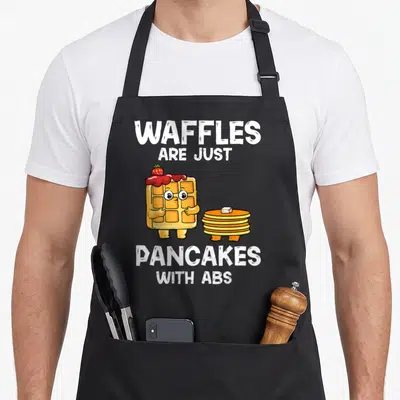 Abs pancake apron - Cartoon waffle with strawberry syrup standing beside a stack of pancakes with butter and white text — shown on a black cotton canvas apron against a white background