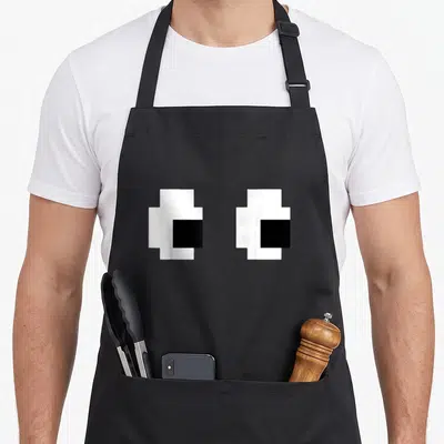 Arcade halloween apron - Two white pixelated eyes with black pupils on gray background — shown on a black cotton canvas apron against a white background