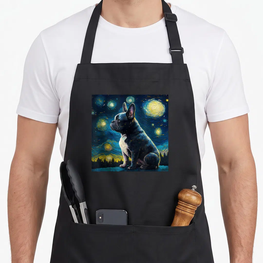 Van french bulldog apron - Photo-style black french bulldog sitting in front of a swirling blue and yellow starry night — shown on a black cotton canvas apron against a white background