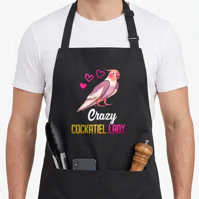 Owner parakeet bird apron - Cartoon cockatiel with three pink hearts above white and yellow stacked text reading crazy — shown on a black cotton canvas apron against a white background