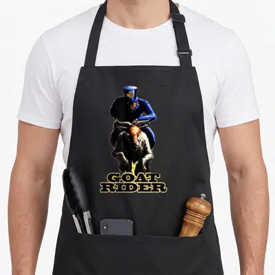 Masonic mason apron - Man in blue suit riding goat with stacked GOAT RIDER text below — shown on a black cotton canvas apron against a white background