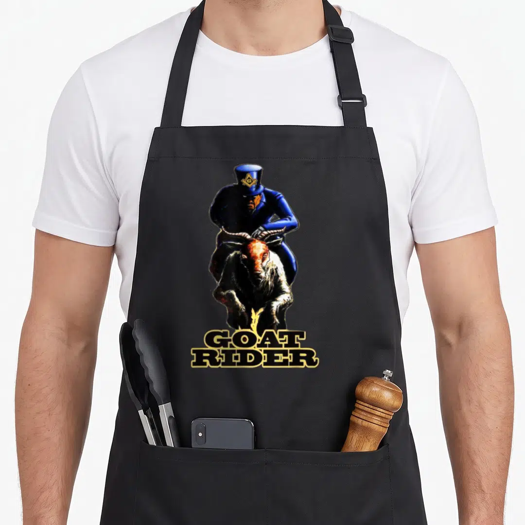 Masonic mason apron - Man in blue suit riding goat with stacked GOAT RIDER text below — shown on a black cotton canvas apron against a white background