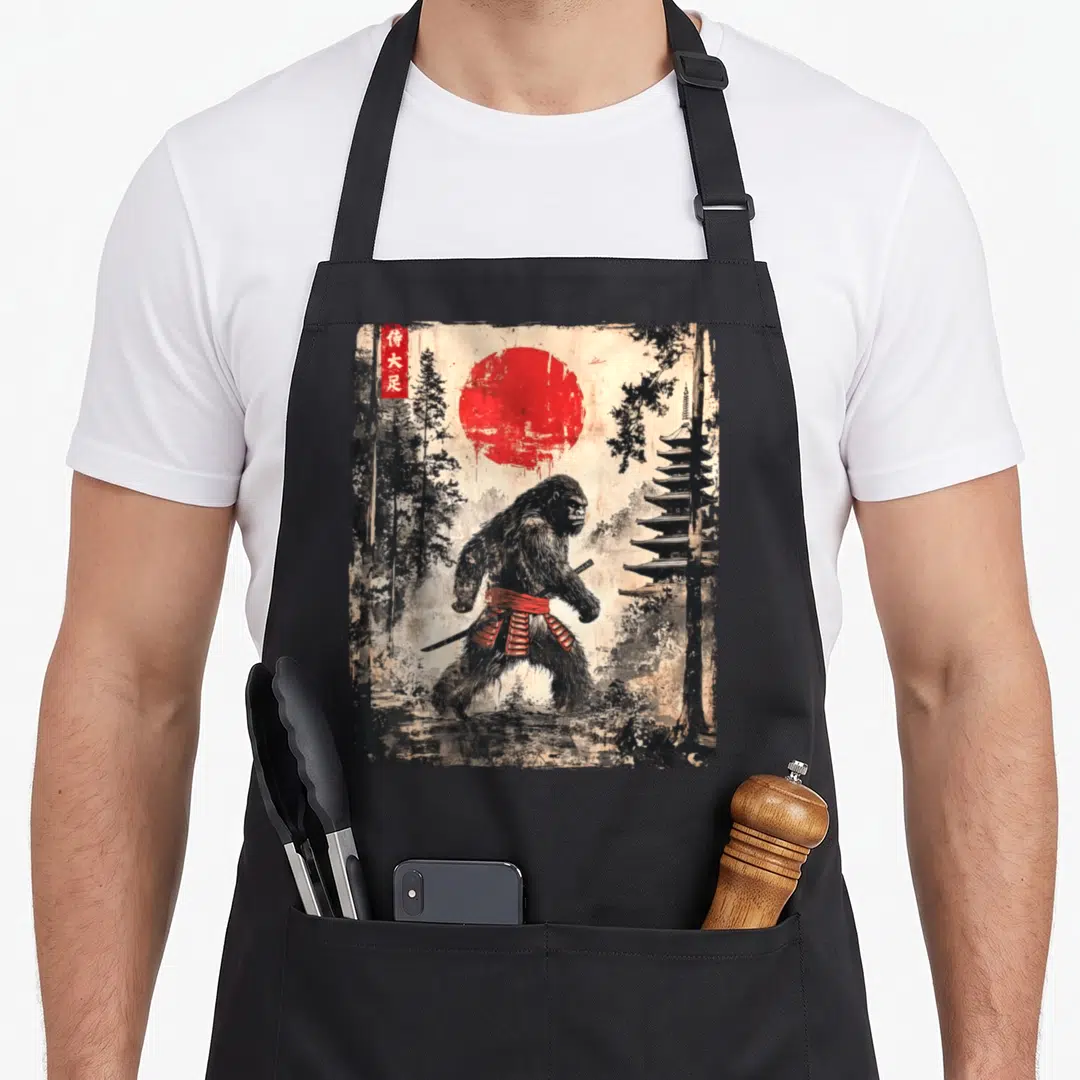 Samurai bigfoot apron - Realistic gorilla in red samurai armor holding sword near pagoda and red sun — shown on a black cotton canvas apron against a white background