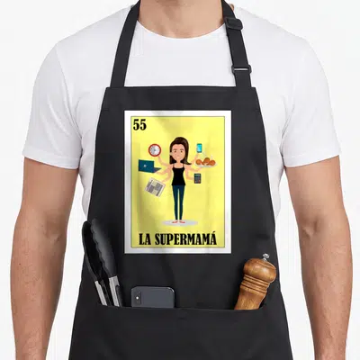 Supermama mexican apron - Cartoon woman with multiple arms holding tech and food items under 55 and LA SUPERMAMÁ text — shown on a black cotton canvas apron against a white background