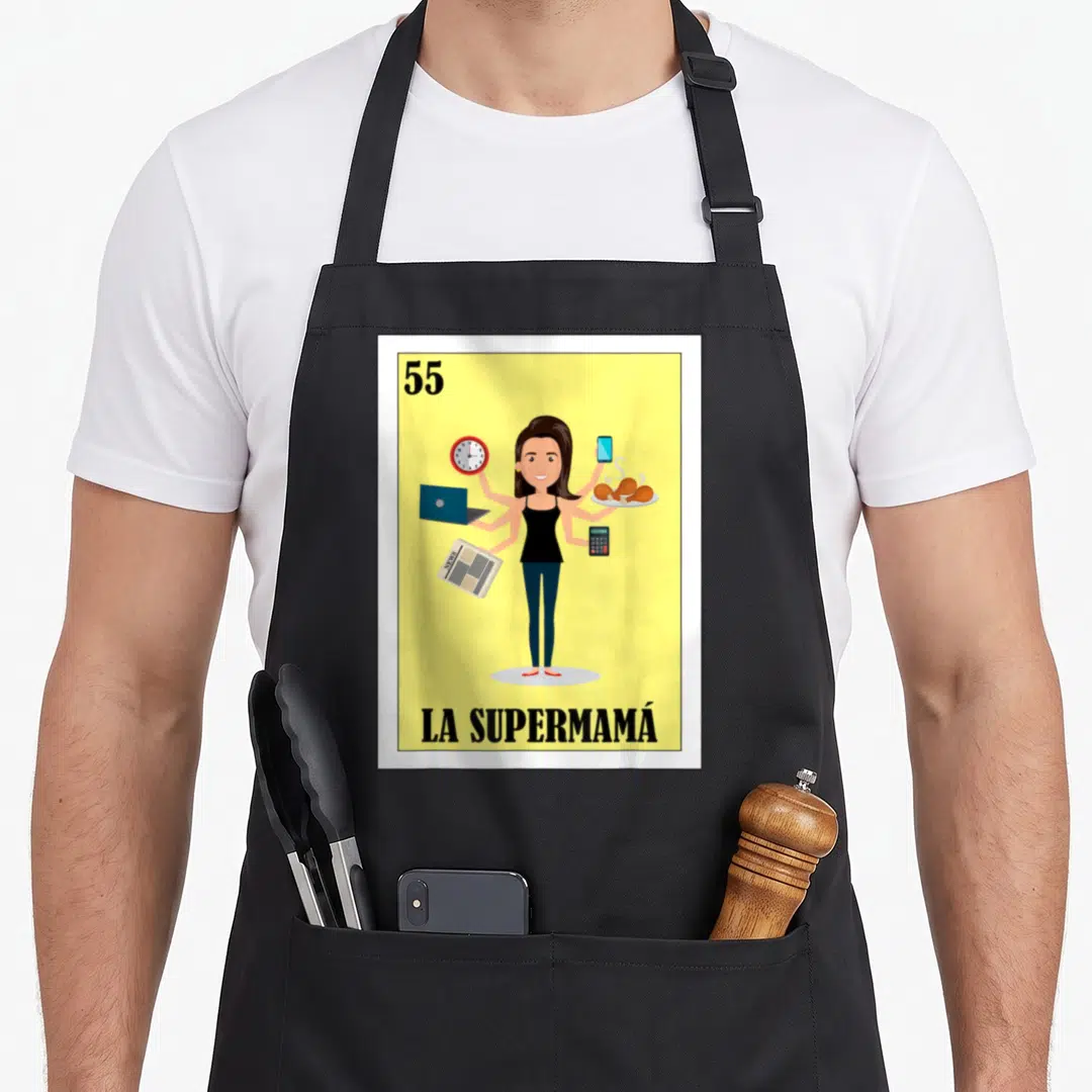 Supermama mexican apron - Cartoon woman with multiple arms holding tech and food items under 55 and LA SUPERMAMÁ text — shown on a black cotton canvas apron against a white background