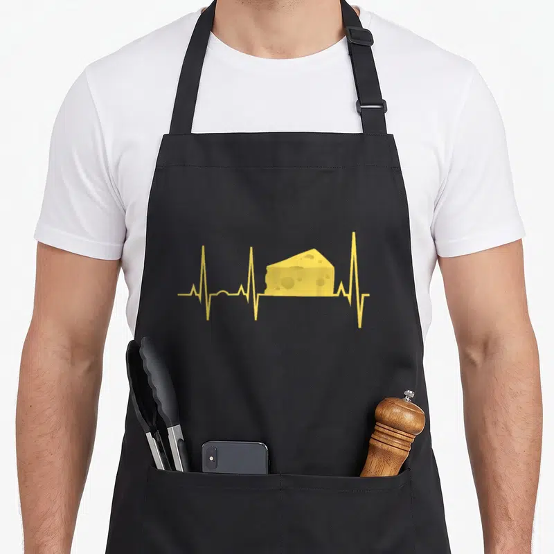 Cheese heartbeat funny apron - Yellow cheese wedge overlapping a yellow heartbeat line on grey background — shown on a black cotton canvas apron against a white background
