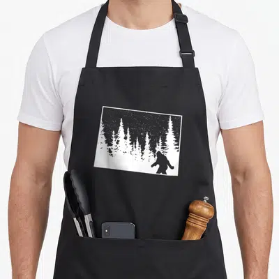 Outdoor bigfoot apron - Grey Bigfoot silhouette in snowy pine forest, minimalist design — shown on a black cotton canvas apron against a white background