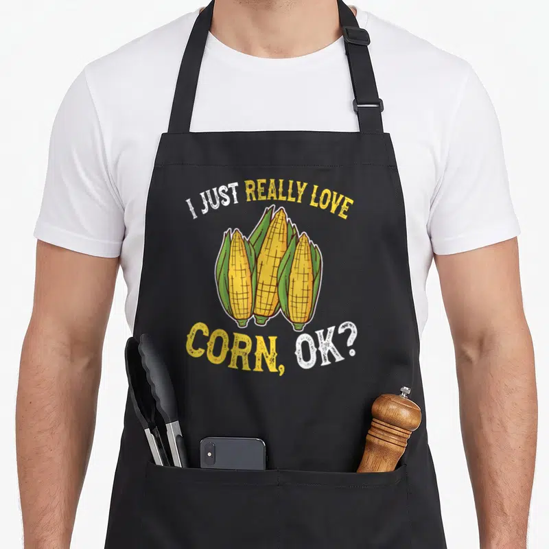 Cob corn apron - Three yellow corn ears with green husks and text I just really love corn ok — shown on a black cotton canvas apron against a white background