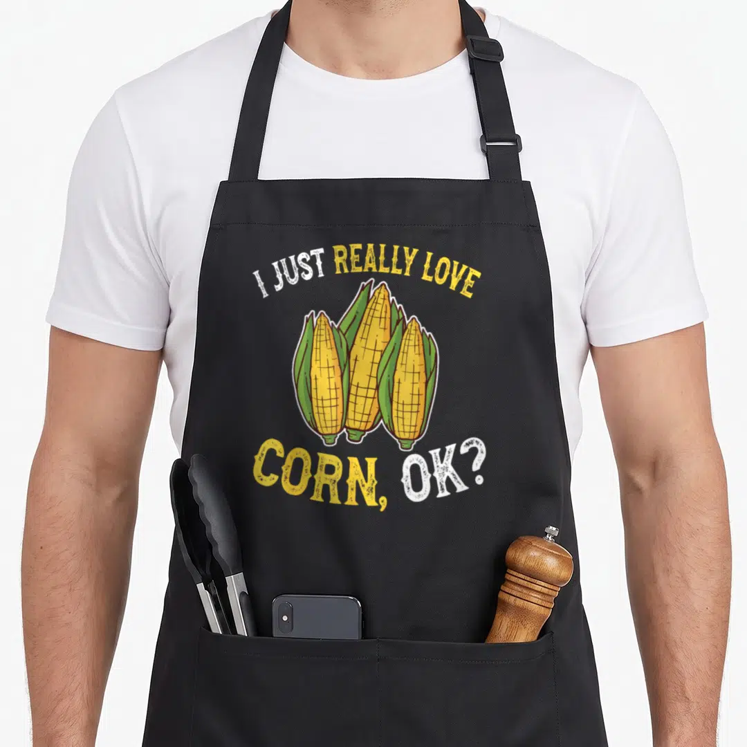 Cob corn apron - Three yellow corn ears with green husks and text I just really love corn ok — shown on a black cotton canvas apron against a white background