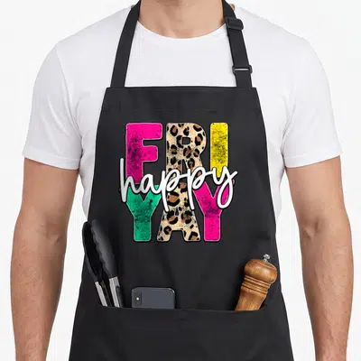 Friyay fri teacher apron - Colorful FRIDAY text with leopard print R and A, white happy script overlay — shown on a black cotton canvas apron against a white background