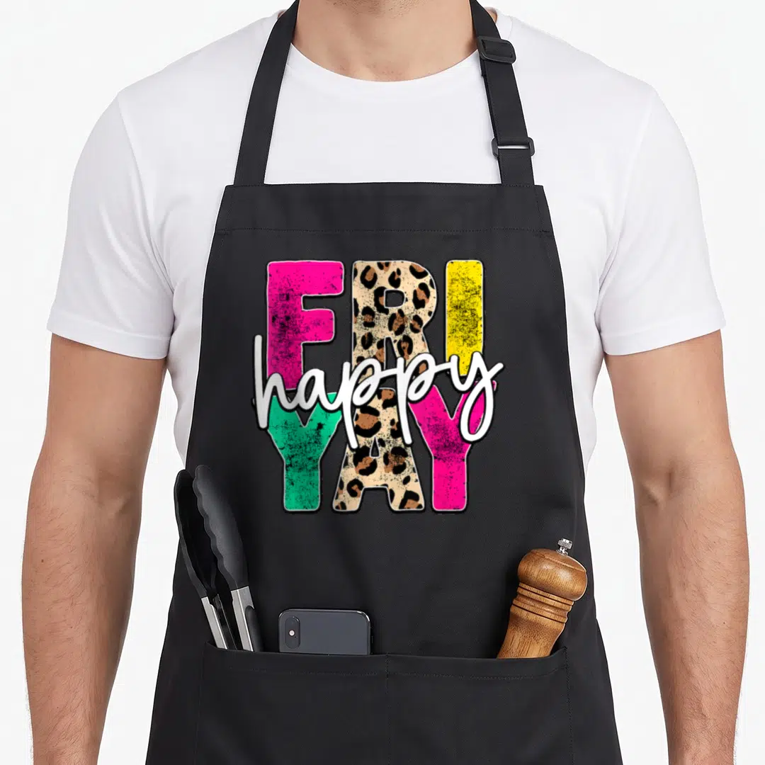 Friyay fri teacher apron - Colorful FRIDAY text with leopard print R and A, white happy script overlay — shown on a black cotton canvas apron against a white background