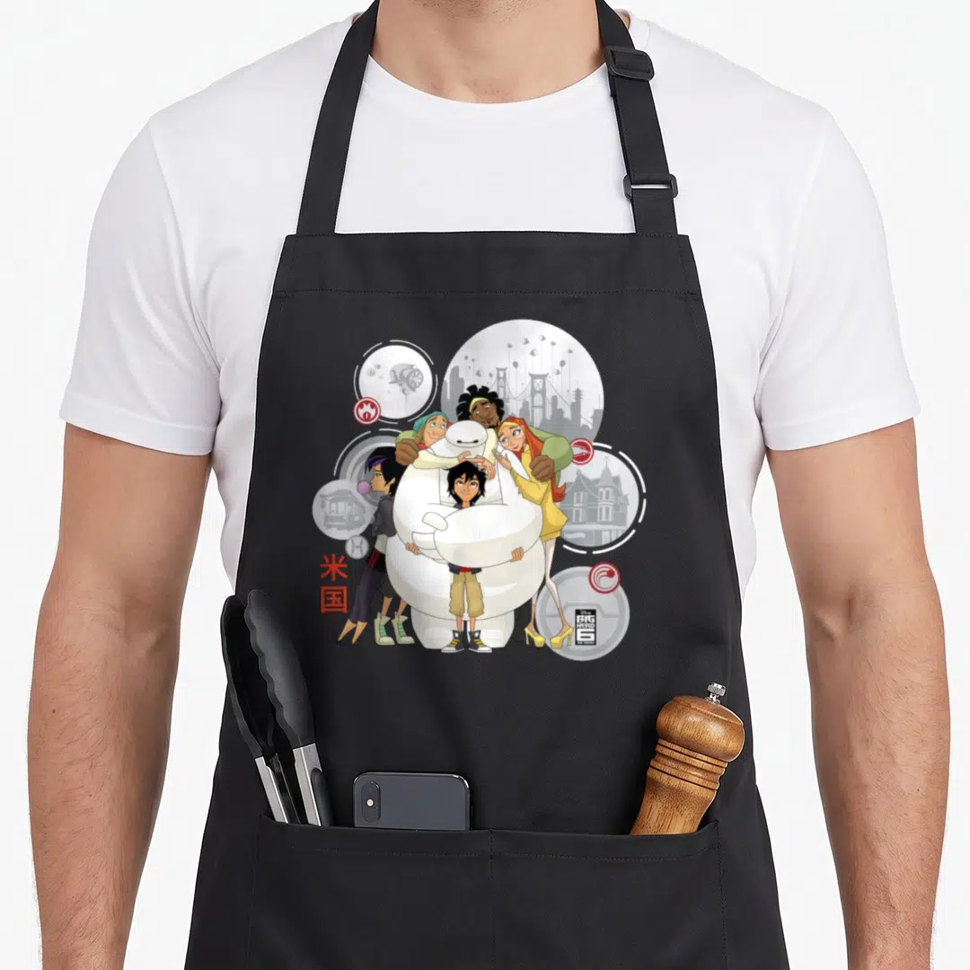 Hero thriller apron - White robot hugging five friends with grey city circles and red symbols — shown on a black cotton canvas apron against a white background