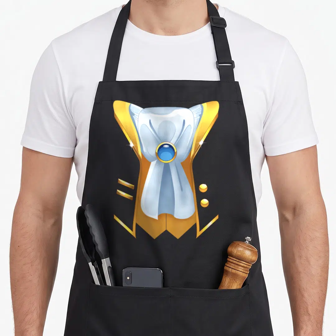 Coat halloween white apron - Cartoon white dress bodice with gold trim and blue center gem on black background — shown on a black cotton canvas apron against a white background