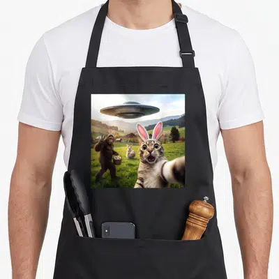 Easter funny cat apron - Cat selfie with bunny ears, Bigfoot with egg basket, and silver UFO over green hills — shown on a black cotton canvas apron against a white background
