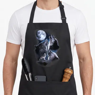 Moonlight wolves apron - Three wolf heads and one standing wolf howling at a full moon against a starry blue and grey — shown on a black cotton canvas apron against a white background