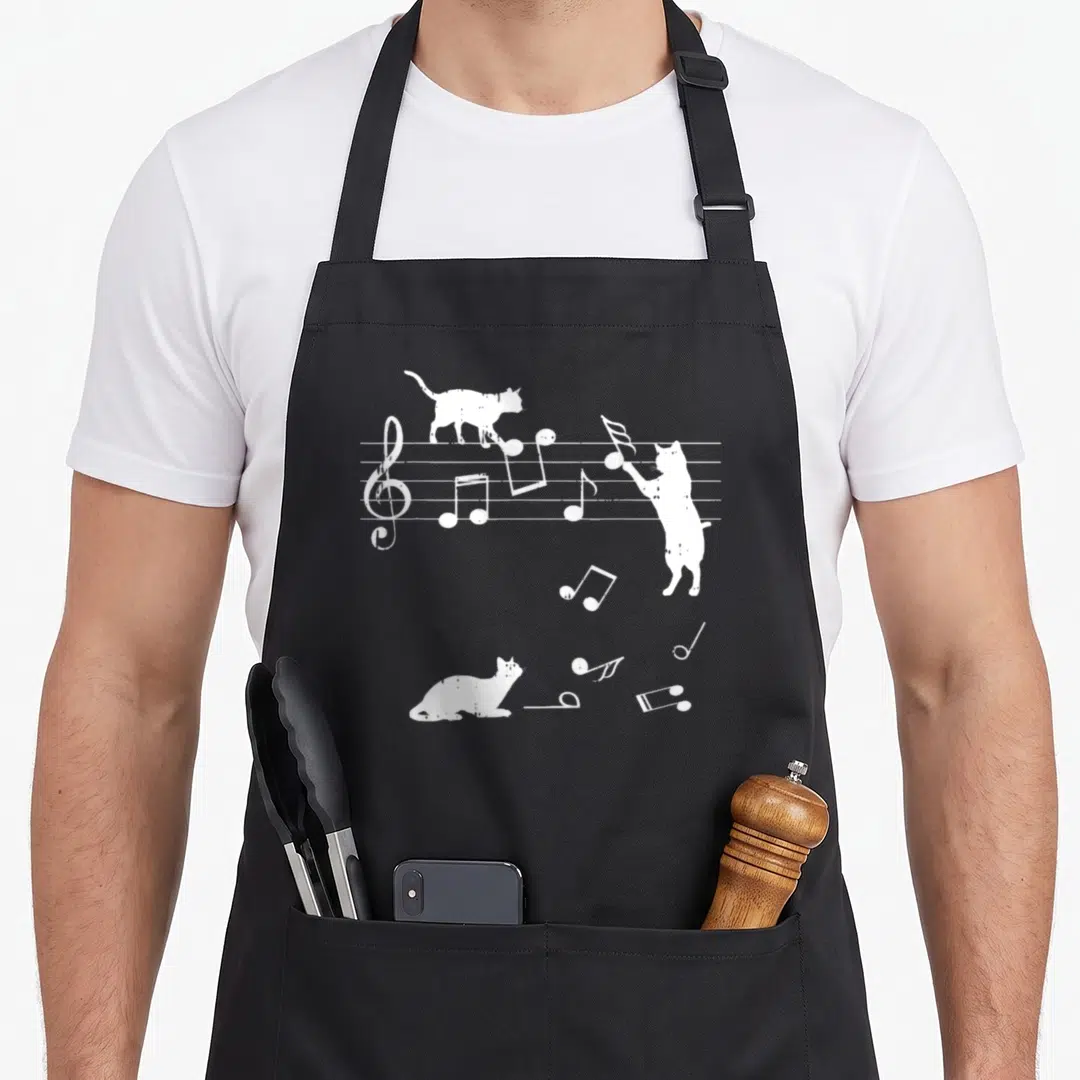 Cat chef outfit with apron - Three white cats on a musical staff with floating notes in line art style — shown on a black cotton canvas apron against a white background