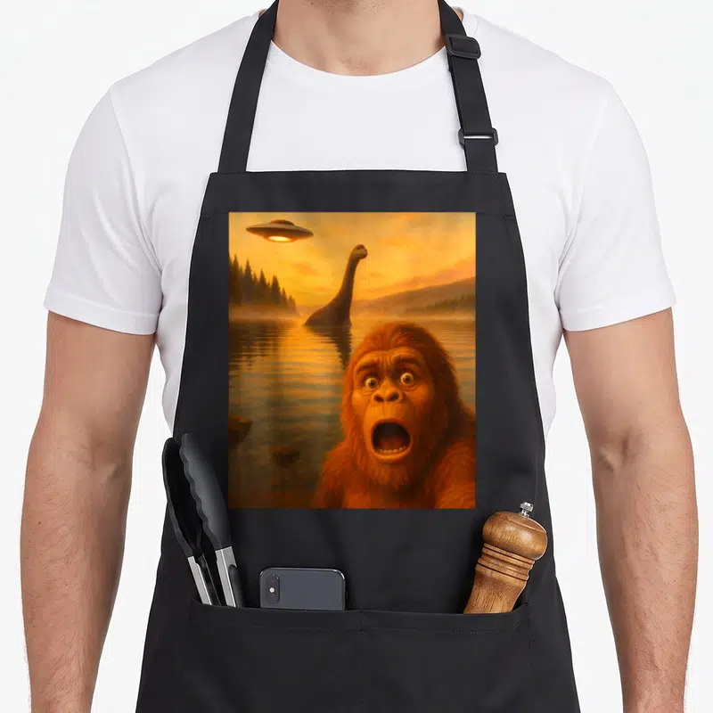 Selfie loch bigfoot apron - Realistic orangutan face with plesiosaur and UFO over orange sunset water — shown on a black cotton canvas apron against a white background