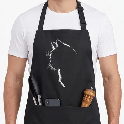 Illustration cat apron - White line-art outline of a cat head and neck facing left — shown on a black cotton canvas apron against a white background