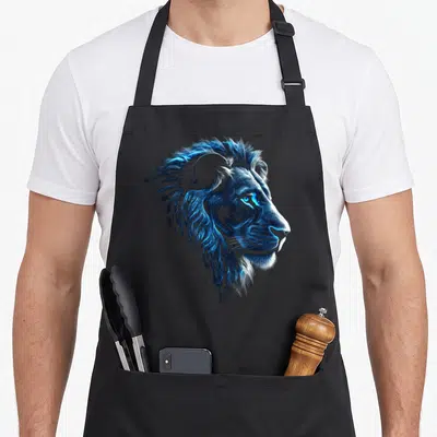 Artwork lion apron - Realistic blue and black lion head illustration centered on apron fabric — shown on a black cotton canvas apron against a white background