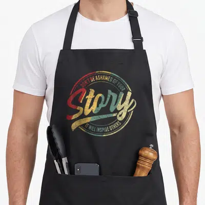 Recovery story of the apron - Retro circular text design reading Don't Be Ashamed Of Your Story It Will Inspire Others — shown on a black cotton canvas apron against a white background