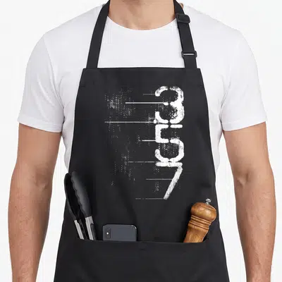 Ammo shooting apron - White distressed 357 numbers stacked vertically with horizontal streaks extending left — shown on a black cotton canvas apron against a white background
