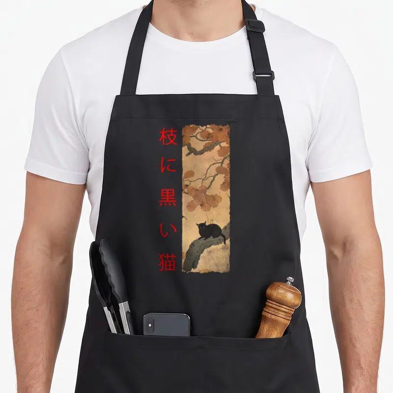 Theme japan apron - Vertical painting of black cat on branch with red Japanese characters — shown on a black cotton canvas apron against a white background