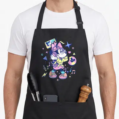 90s memphis apron - Cartoon Minnie Mouse with headphones, walkman, cassette, and record in pink yellow blue purple — shown on a black cotton canvas apron against a white background