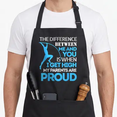 Pole track apron - Light blue pole vaulter silhouette with white and blue stacked pun text — shown on a black cotton canvas apron against a white background
