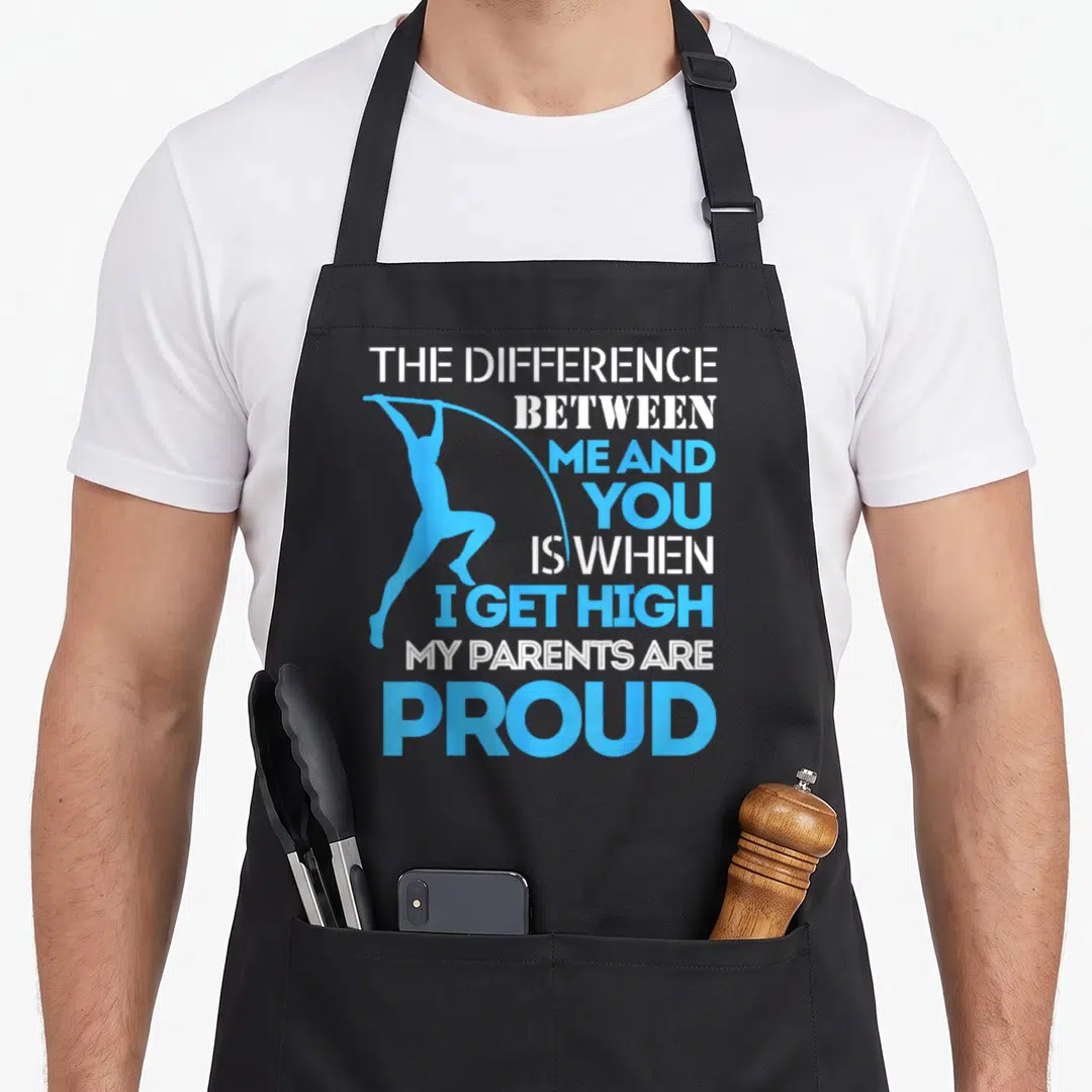 Pole track apron - Light blue pole vaulter silhouette with white and blue stacked pun text — shown on a black cotton canvas apron against a white background
