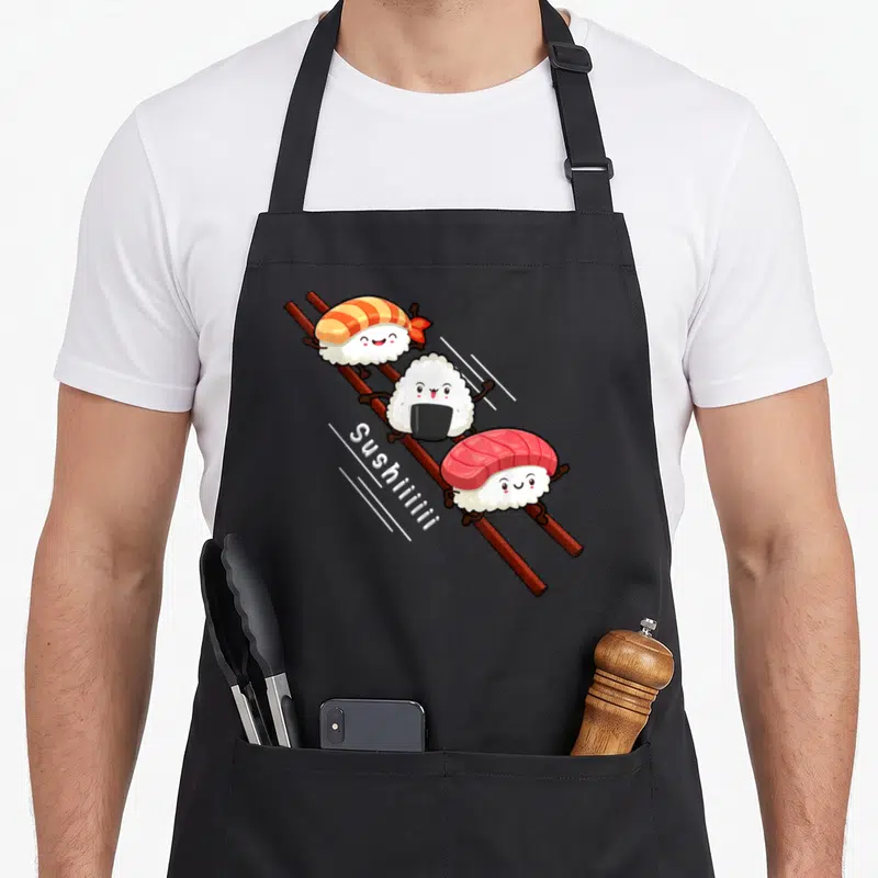 Sliding sushi apron - Three cartoon sushi characters with faces clinging to two diagonal chopsticks next to Sushiiiii — shown on a black cotton canvas apron against a white background