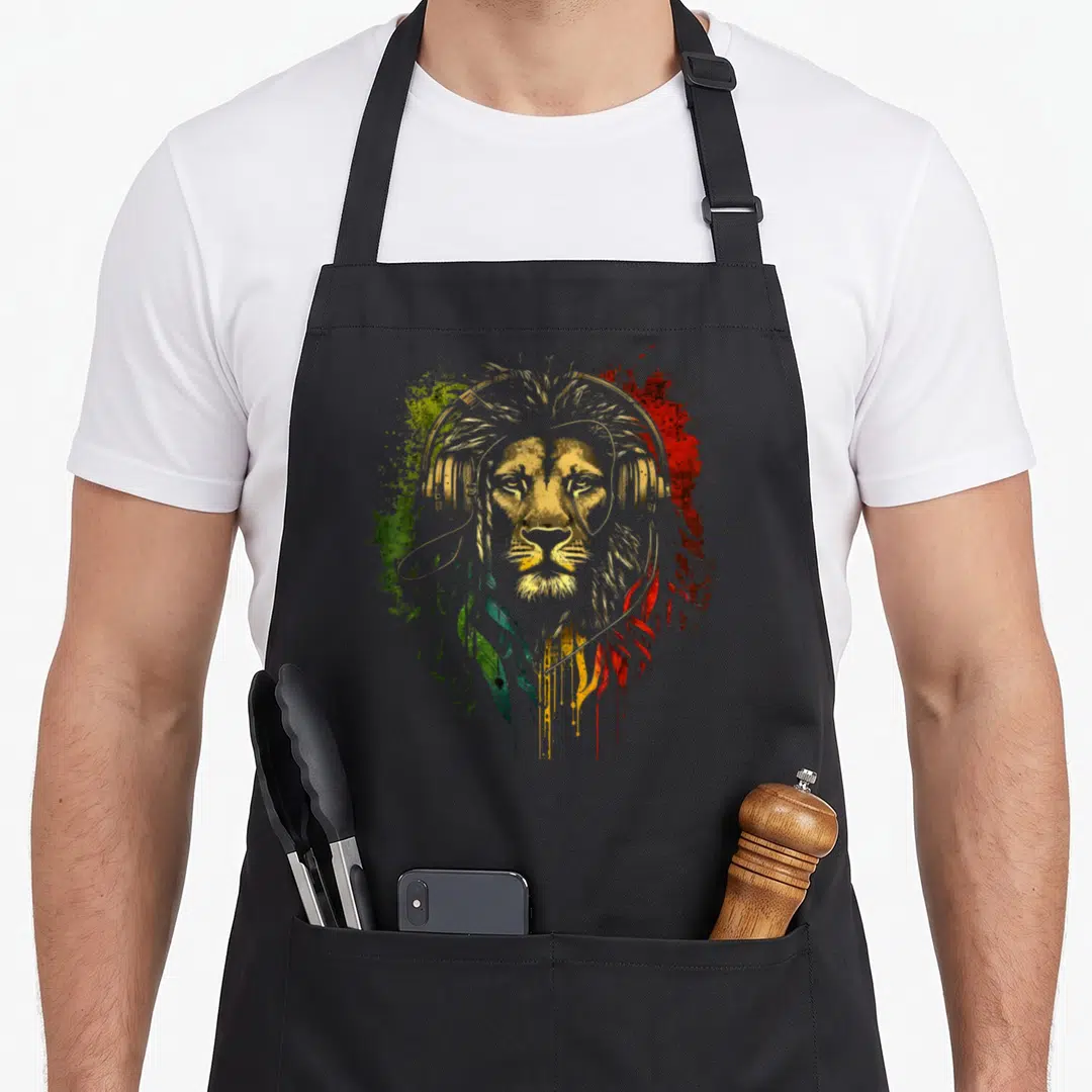 Rastafarian lions apron - Gold lion head wearing headphones with green yellow and red paint splatters — shown on a black cotton canvas apron against a white background