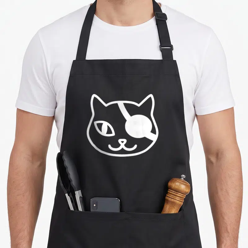 Pirate cat apron - White line art of a cat head with an eyepatch over the right eye — shown on a black cotton canvas apron against a white background